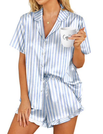 HOTOUCH Womens Satin Pajamas Set Button Down 2 Piece Ruffle Shorts Set