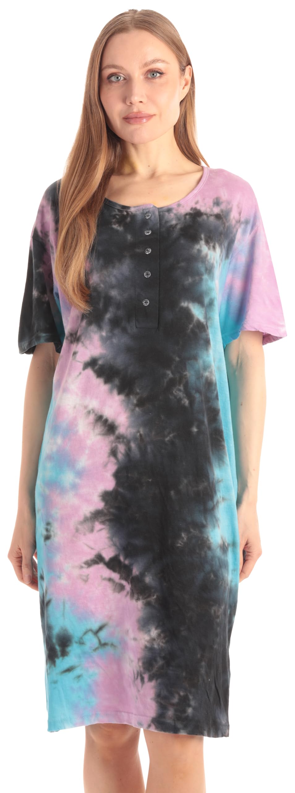 Just Love Women's Tie Dye Nightgown, 100% Cotton Short Sleeve Henley Sleep Shirt