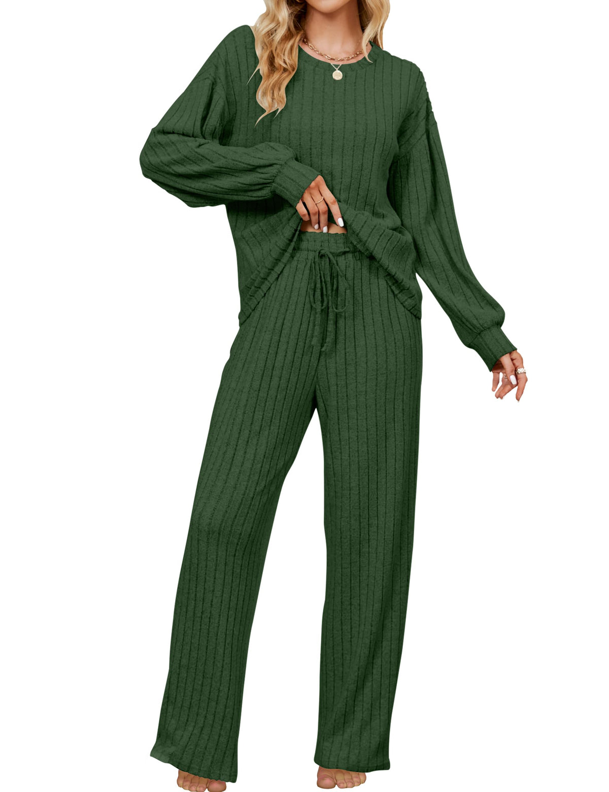 Blooming Jelly Women Ribbed Long Sleeve Pajama Sets Fall Loungewear Pockets