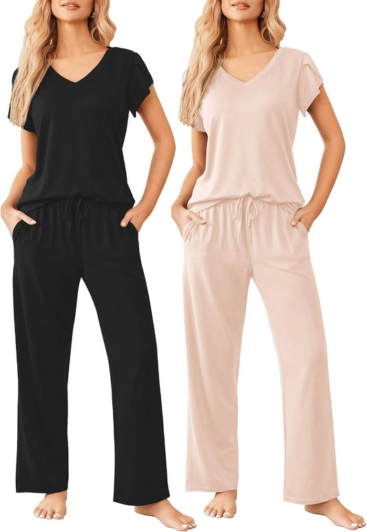 Ekouaer 2 Pack Womens Pajama Set Short Sleeve Sleepwear Soft Pjs Lounge Set