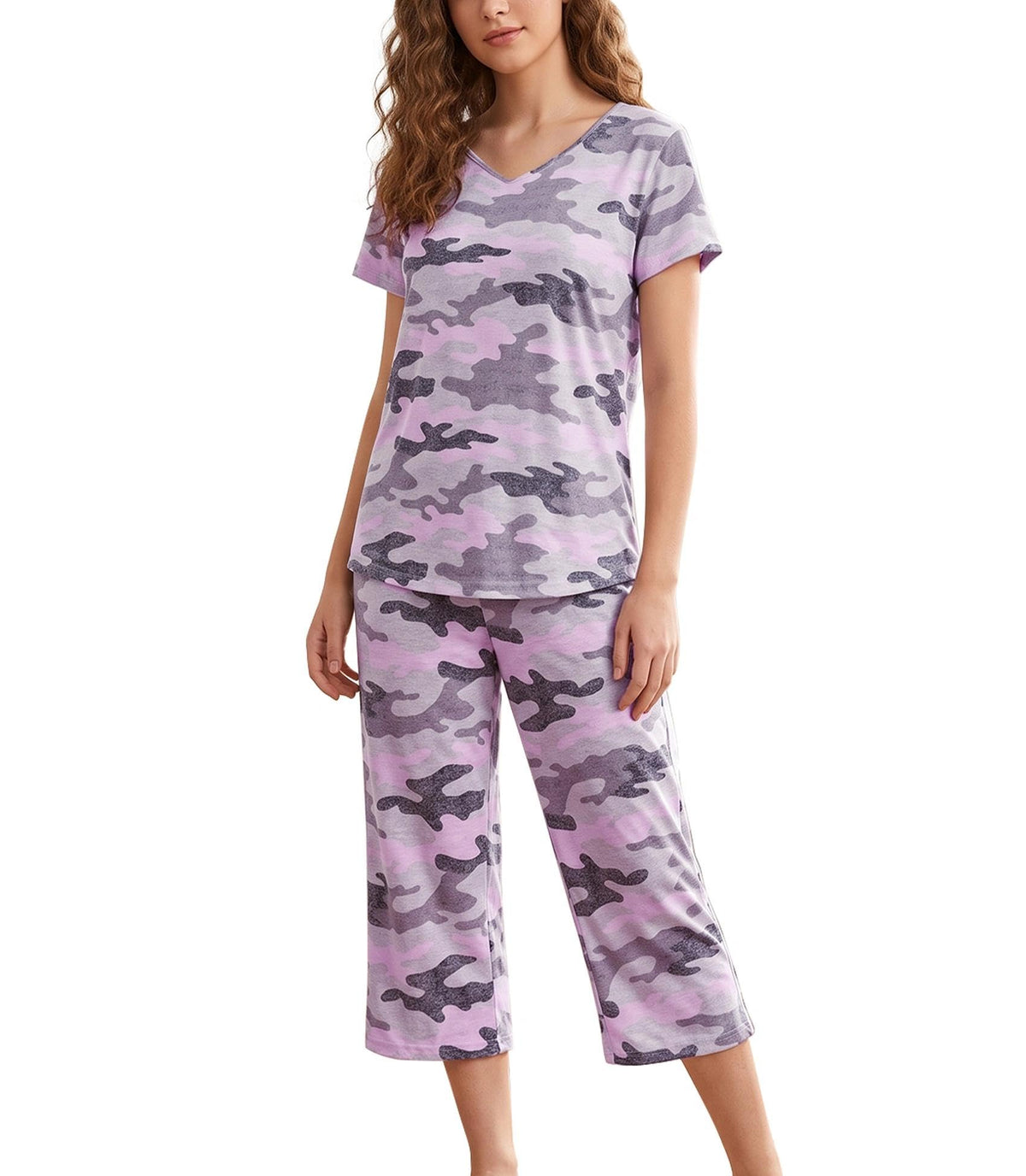 ENJOYNIGHT Womens Pajama Set Cotton Short Sleeve Top With Capri Pants Pj