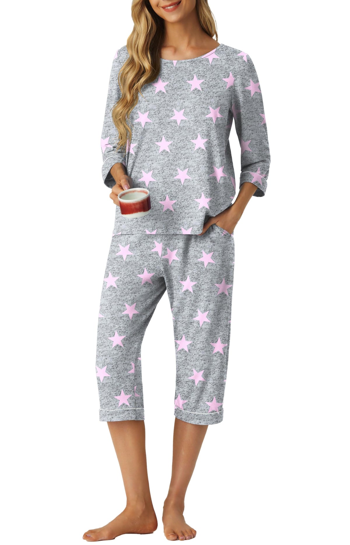 PrinStory Womens Pajama Sets Capri Pjs Soft Lounge Sets XS-4XL