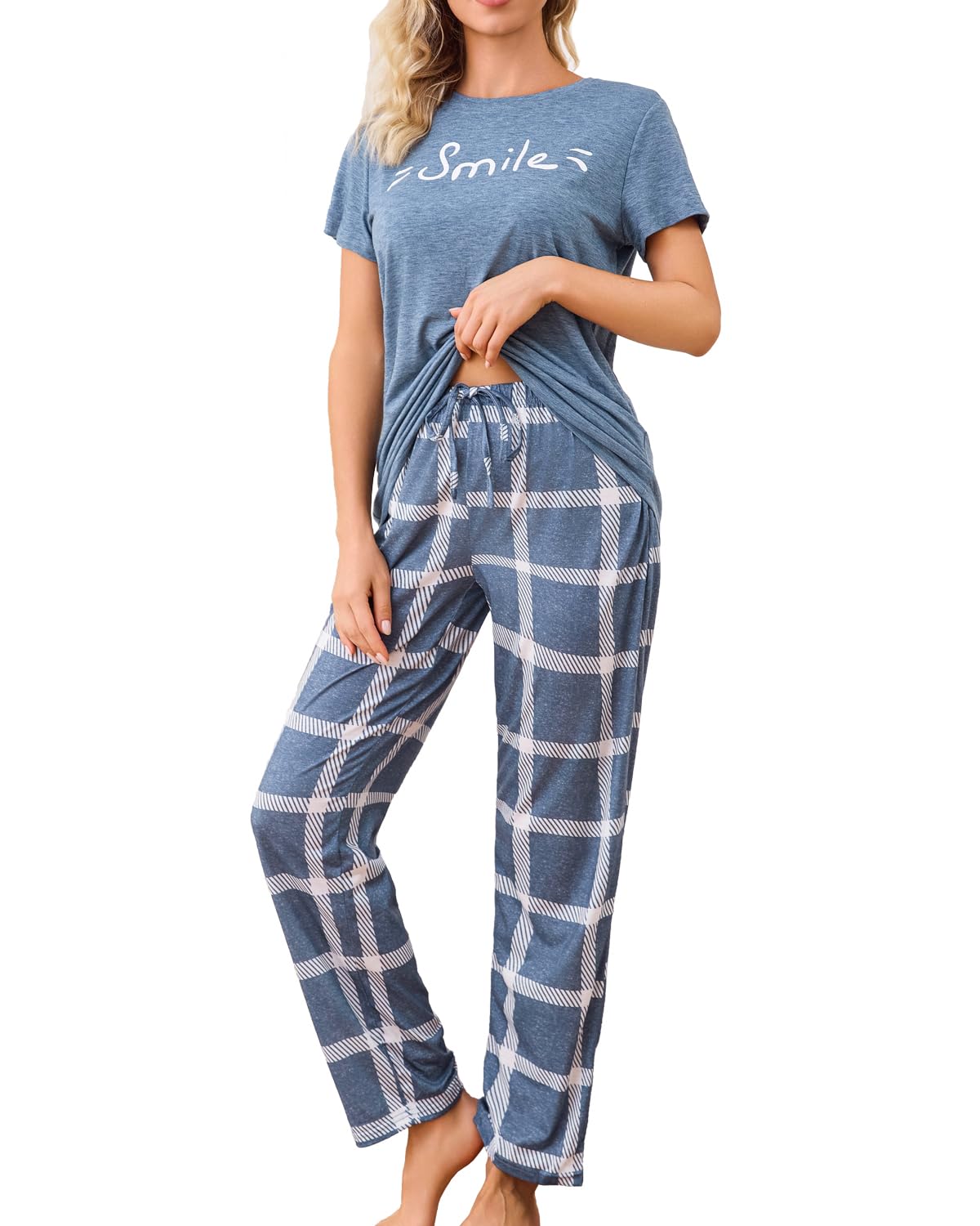 difficort Womens Pajama Sets Short Sleeve Long Pants Sleepwear with Pockets