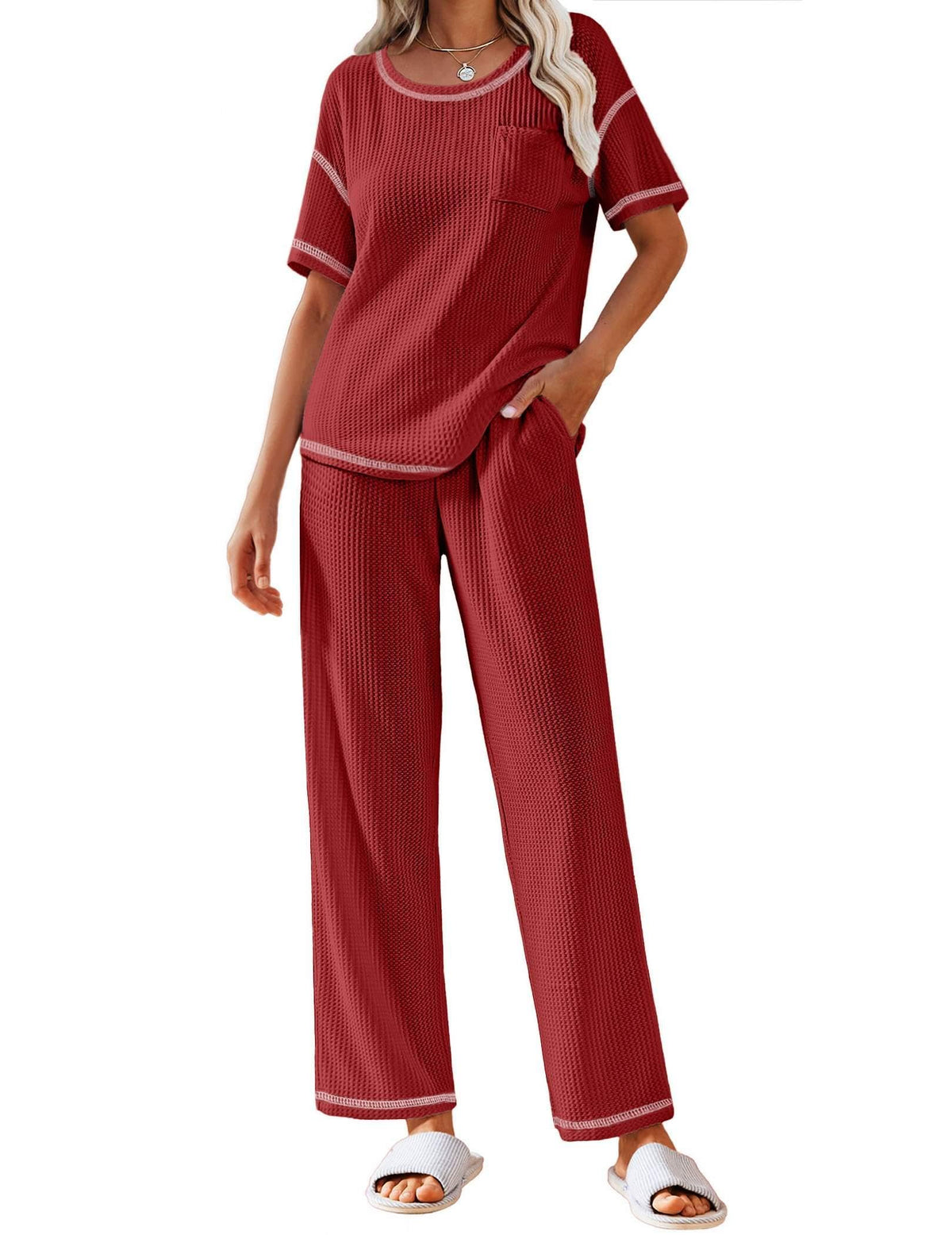 Ekouaer 2 Piece Summer Waffle Knit Lounge Sets For Women Short Sleeve Top and Long Pant Pajama Set Loungewear Pjs Set