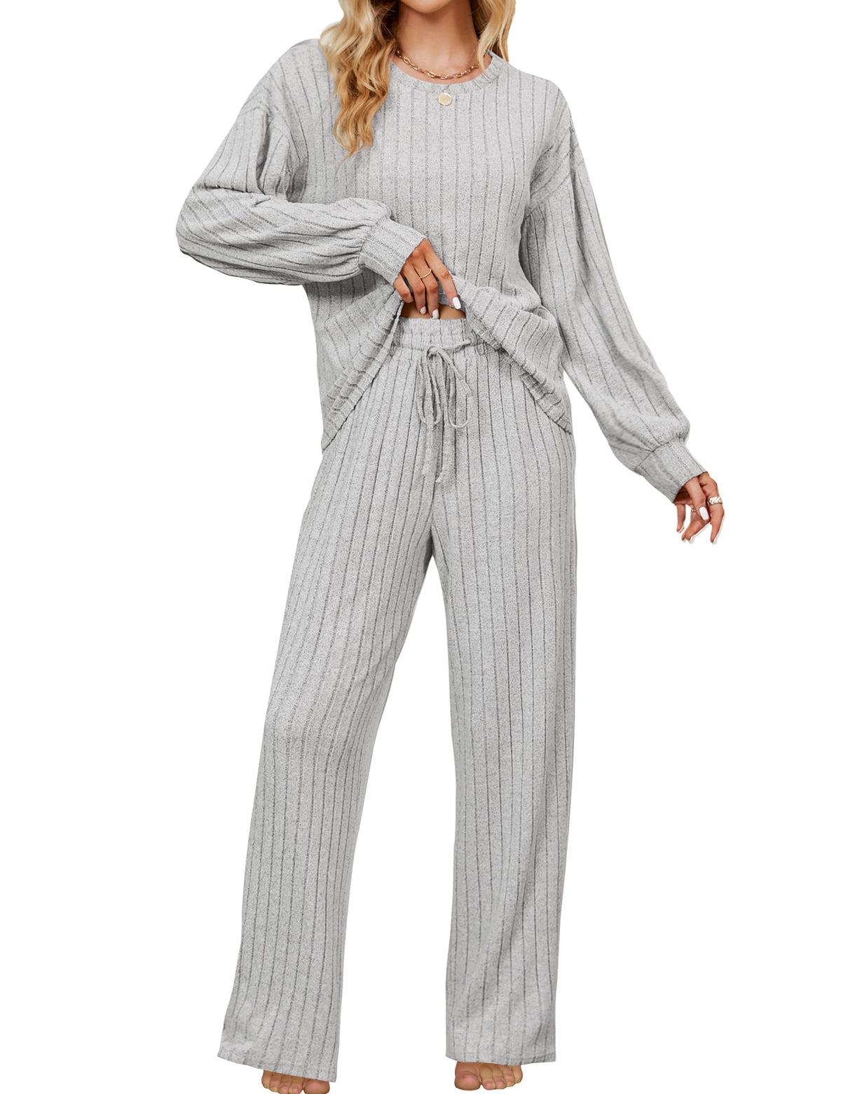 Blooming Jelly Women Ribbed Long Sleeve Pajama Sets Fall Loungewear Pockets