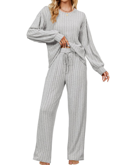 Blooming Jelly Women Ribbed Long Sleeve Pajama Sets Fall Loungewear Pockets