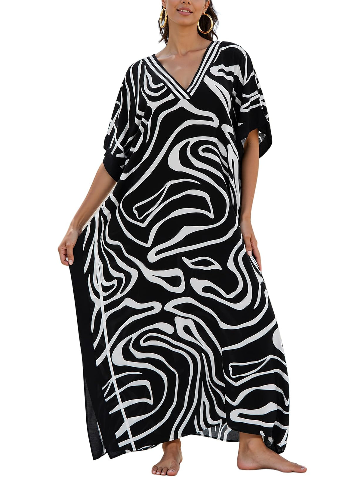 NFVNKJ Plus Size Mumu Dresses for Women - Boho Batwing Sleeve Caftan with Side Slits, Long Moo Moo Nightgown & Beach Cover Up