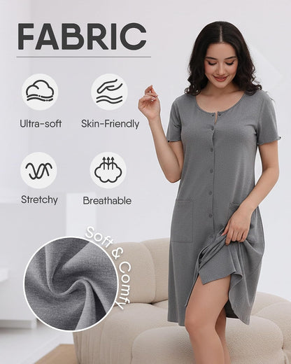 ZOOSIXX Nightgowns for Women - Short Sleeve Sleepwear Button Up Pajamas for Women V-Neck Sleepwear Dress with Pockets