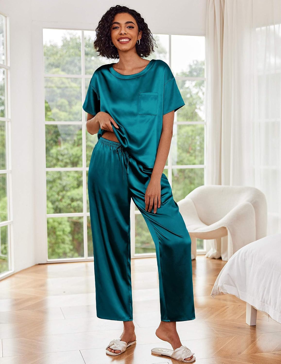 Ekouaer Pajamas for Women Set Silky Satin 2 Piece Lounge Sets with Pockets