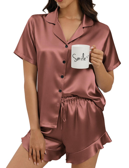 Silk Pajamas for Women Button Down 2 Piece Satin Pjs Shorts Set Ruffle Notch Collar Sleepwear Loungewear
