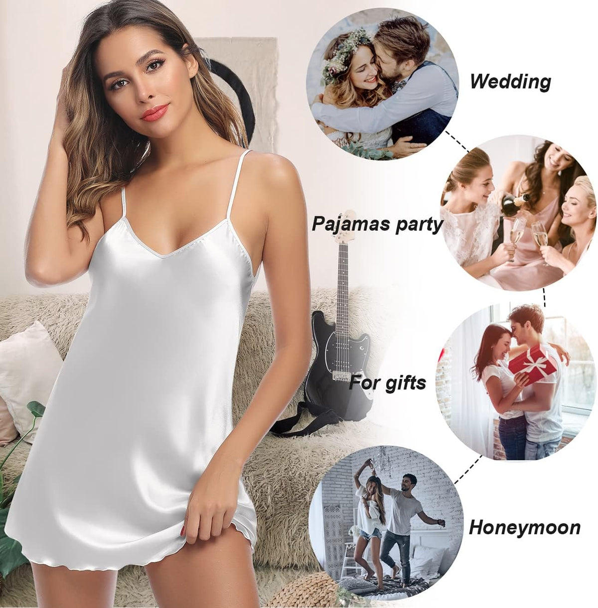 Litherday Women's Satin Nightgown Silk Slip Dress Sleepwear Sexy V Neck Negligee Lingerie Short Nightwear