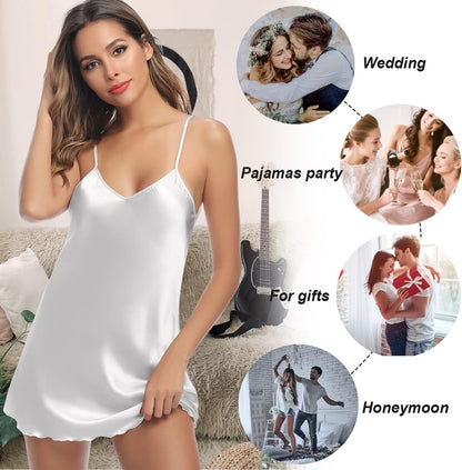 Litherday Women's Satin Nightgown Silk Slip Dress Sleepwear Sexy V Neck Negligee Lingerie Short Nightwear