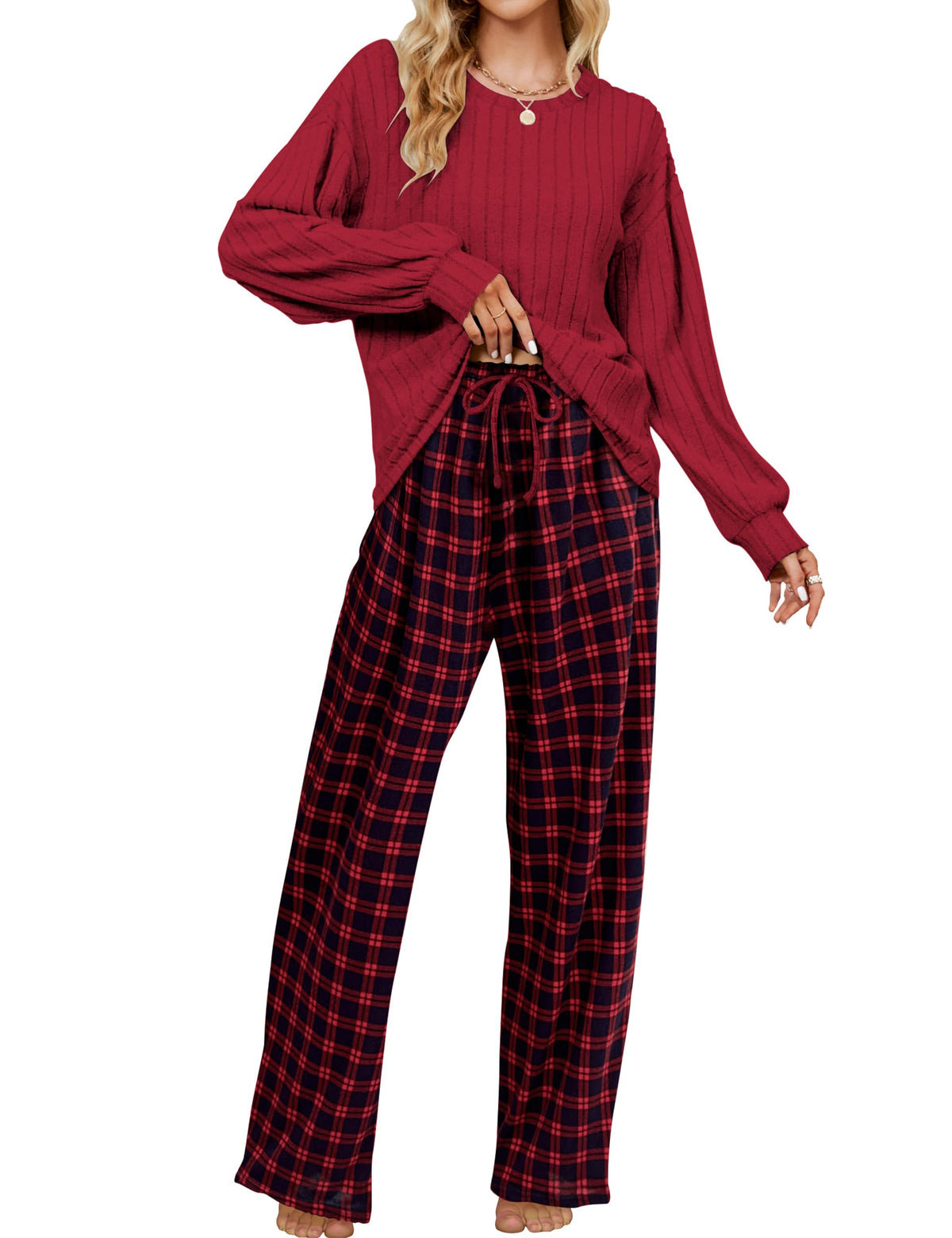 Blooming Jelly Women Ribbed Long Sleeve Pajama Sets Fall Loungewear Pockets