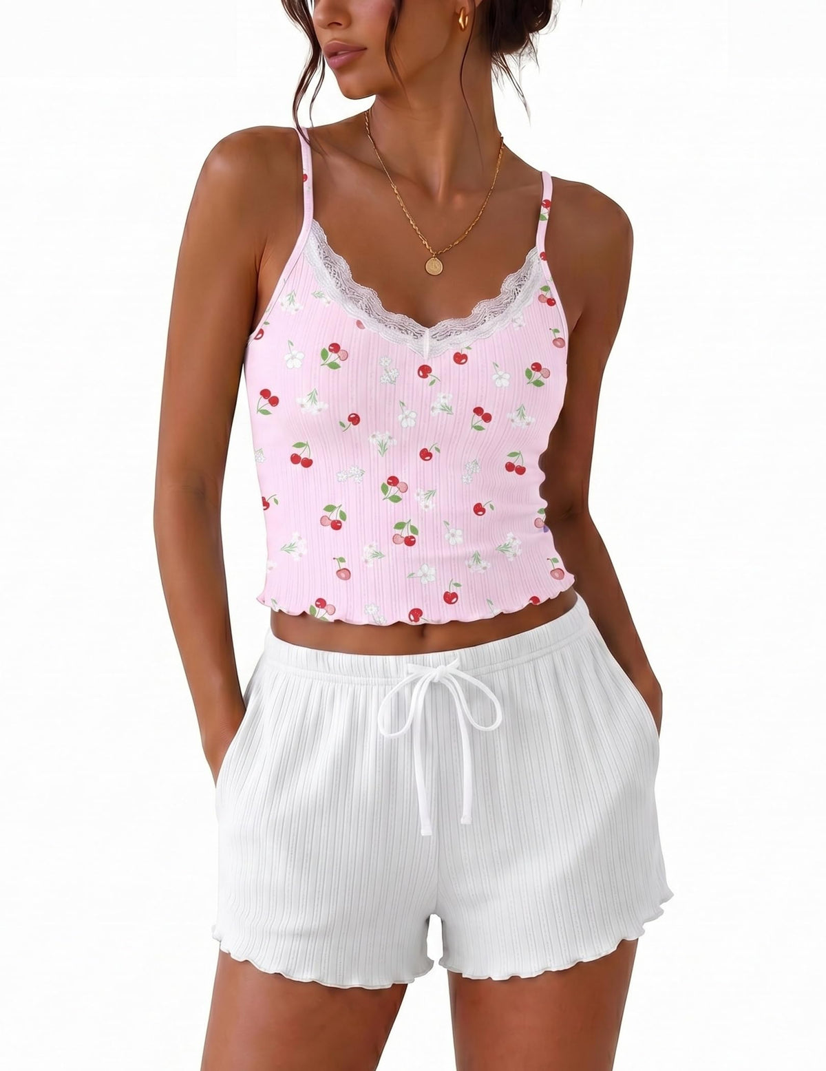 Ekouaer Womens Lace Cami Pajama Lingerie Sets 2 Piece Shorts with Pockets