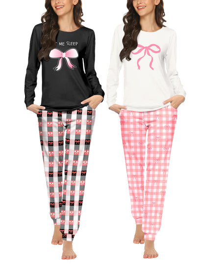 Ekouaer 2 Pack Pajama Sets for Women,Long Sleeve Top Jogger Pant Loungewear