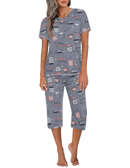 Ekouaer Women's Capri Pajama Sets Short Sleeve Two Piece Summer Lounge Sets