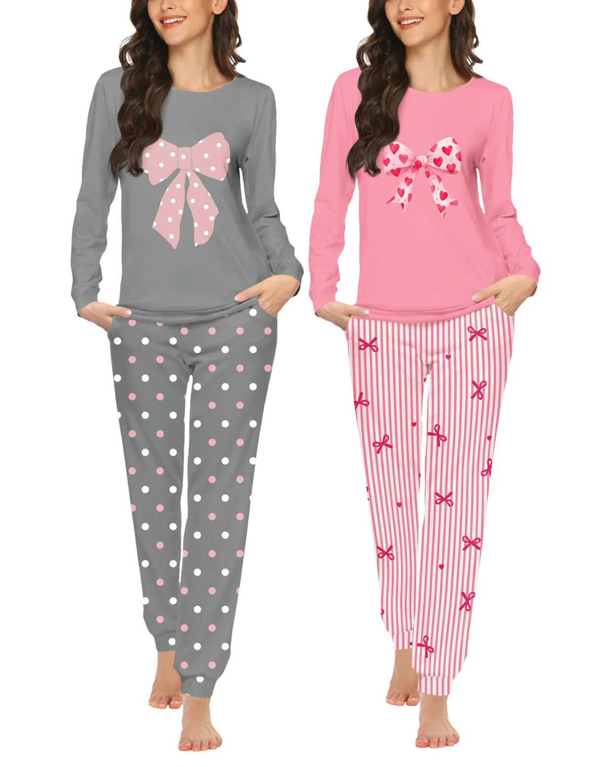 Ekouaer 2 Pack Pajama Sets for Women,Long Sleeve Top Jogger Pant Loungewear