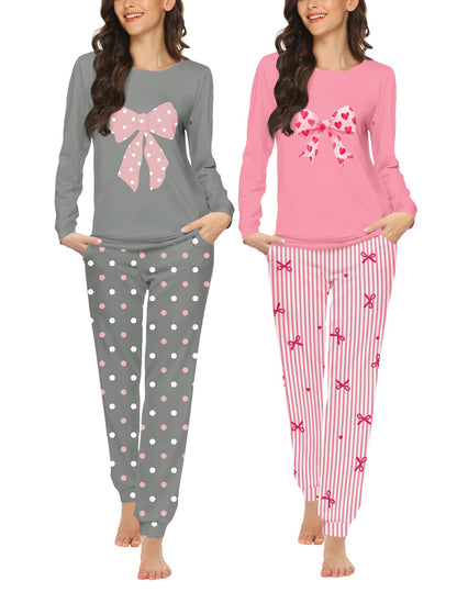 Ekouaer 2 Pack Pajama Sets for Women,Long Sleeve Top Jogger Pant Loungewear
