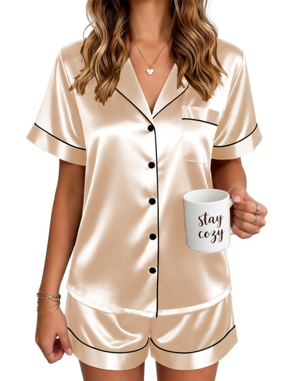 Ekouaer Satin Pajamas for Women Silk Pjs Short Set 2 Piece Lounge Sets