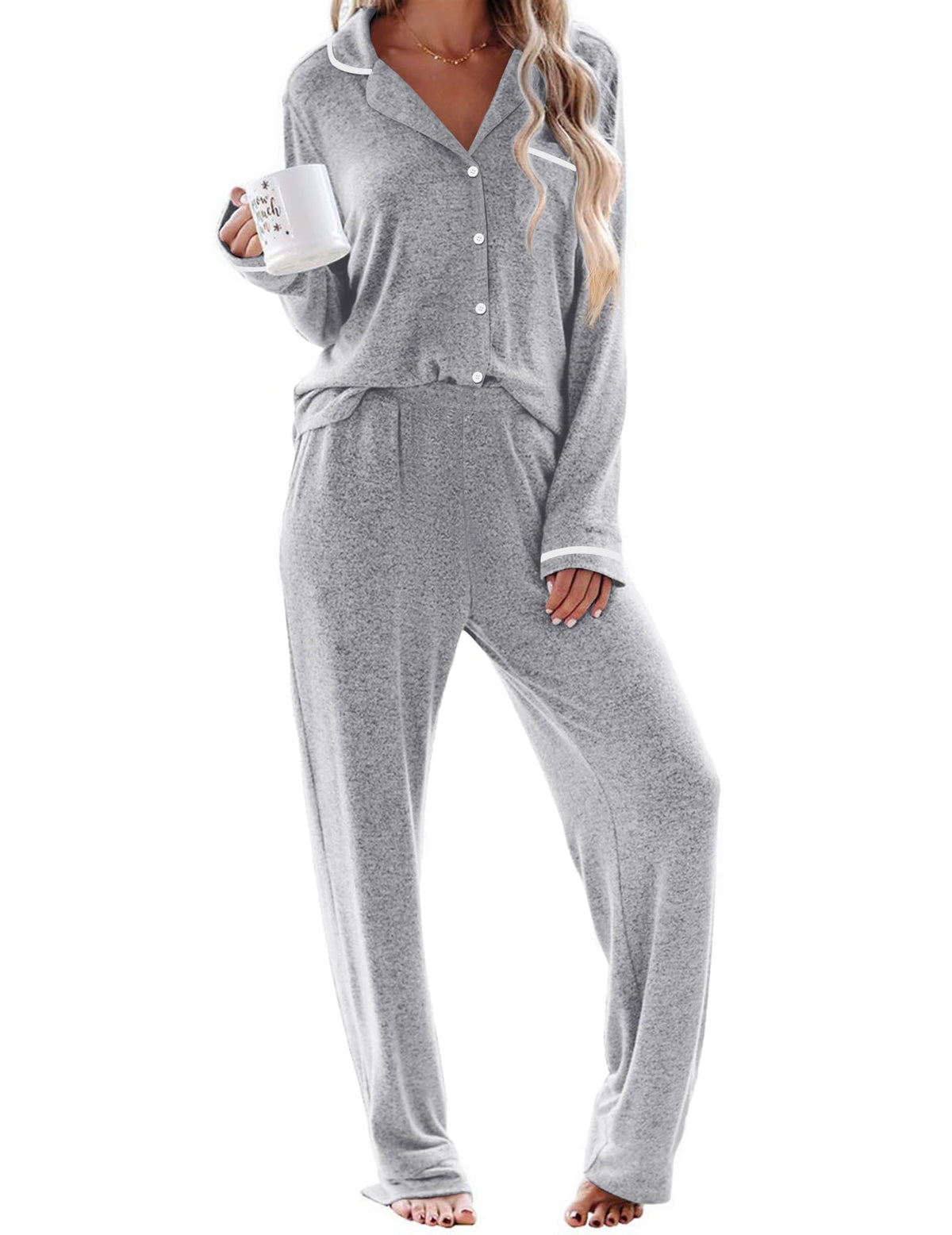 Ekouaer Womens Pajama Sets Long Sleeve Button Down 2 Piece Lounge Set