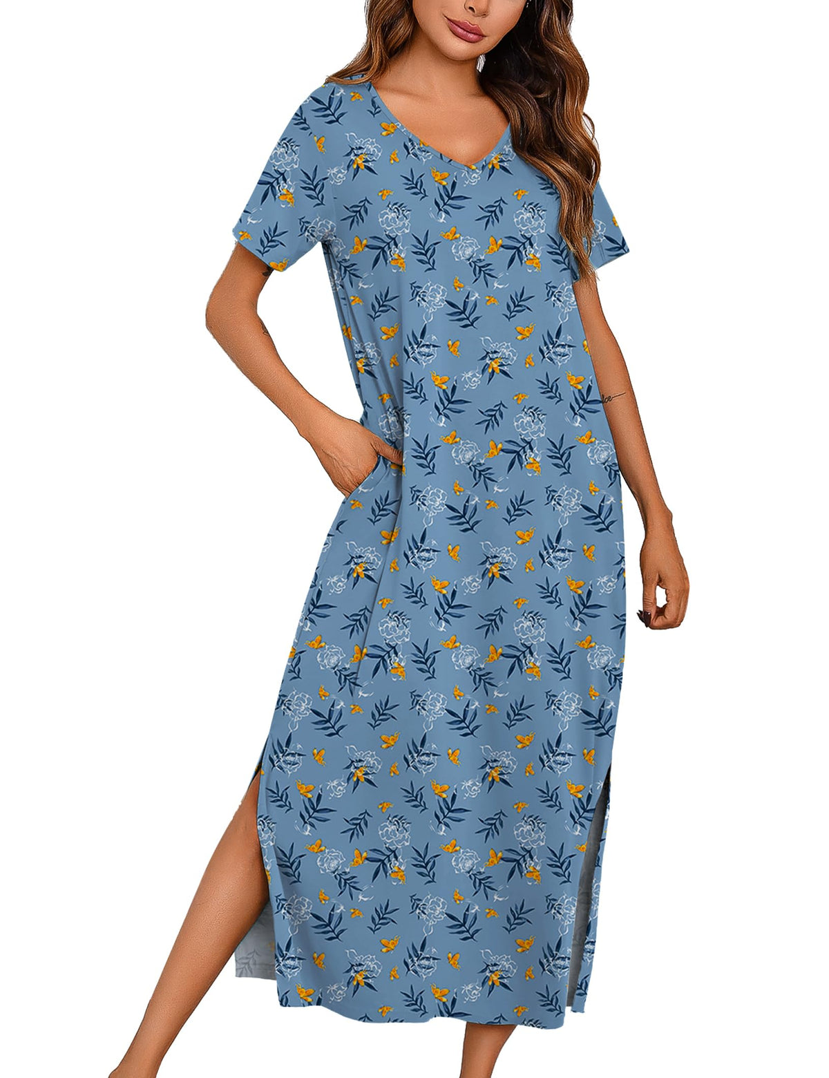 Marvmys Women Short Sleeve Nightgown Cotton Long Nightshirts with Pocket