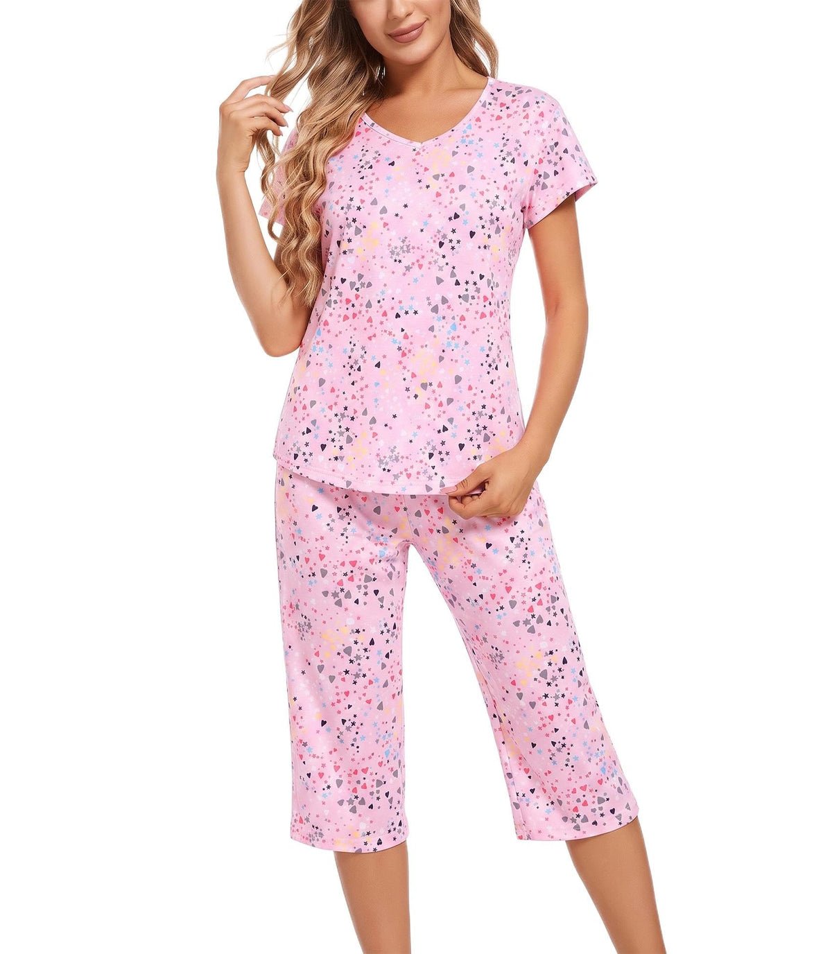 ENJOYNIGHT Womens Pajama Set Cotton Short Sleeve Top With Capri Pants Pj