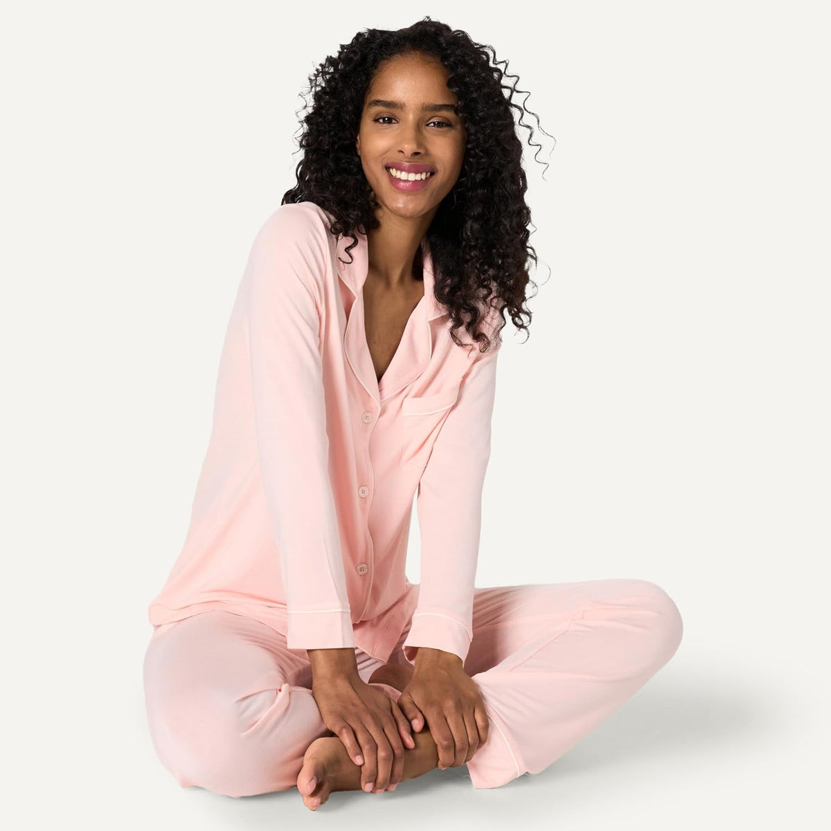 Amazon Essentials x Sofia Grainge Women's Stretch Modal Long-Sleeve Button-Front Top and Full-Length Bottom Pajama Set