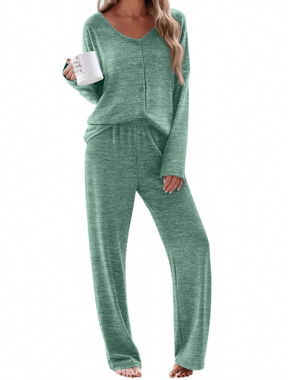 Ekouaer Womens Pajama Sets Button Up Long Sleeve Lounge Set Soft V Neck Pj
