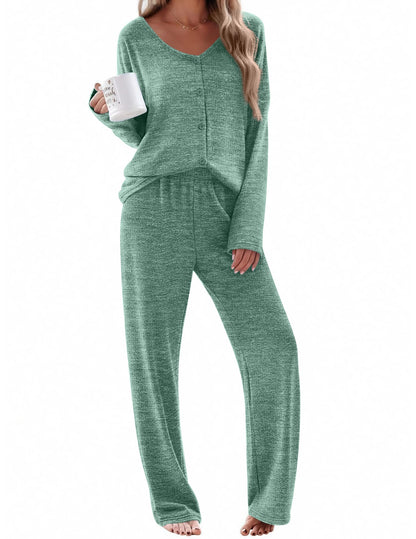 Ekouaer Womens Pajama Sets Button Up Long Sleeve Lounge Set Soft V Neck Pj
