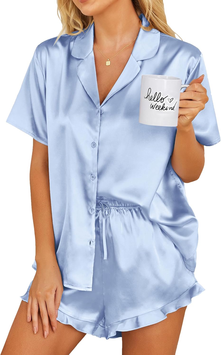 Ekouaer Womens Satin Pajamas Set Button Down Silk Pj Shorts Set with Ruffle