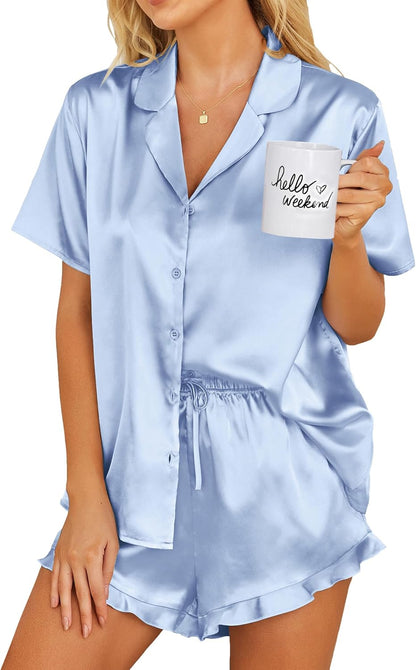 Ekouaer Womens Satin Pajamas Set Button Down Silk Pj Shorts Set with Ruffle