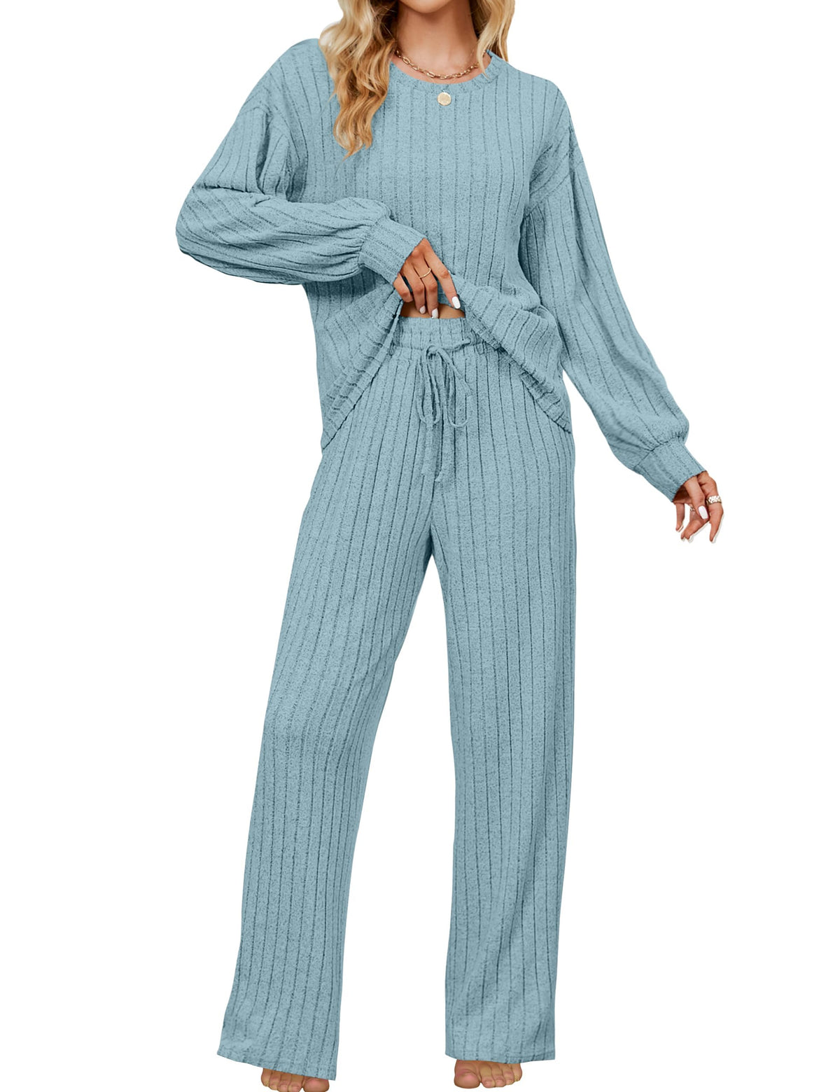 Blooming Jelly Women Ribbed Long Sleeve Pajama Sets Fall Loungewear Pockets