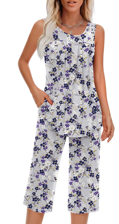 Findsweet Women Pajamas Sets Loungewear Soft Sleepwear Two Piece Summer Sleeveless Pjs Tank Top Pants with Pocket S-4XL