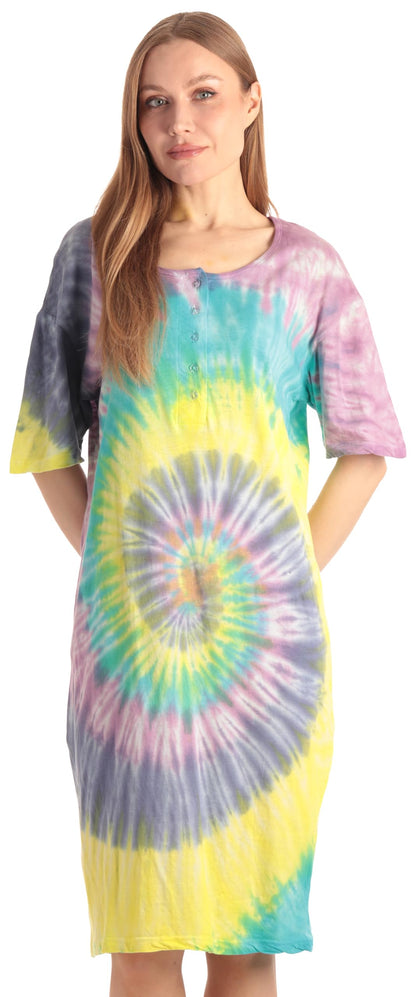 Just Love Women's Tie Dye Nightgown, 100% Cotton Short Sleeve Henley Sleep Shirt