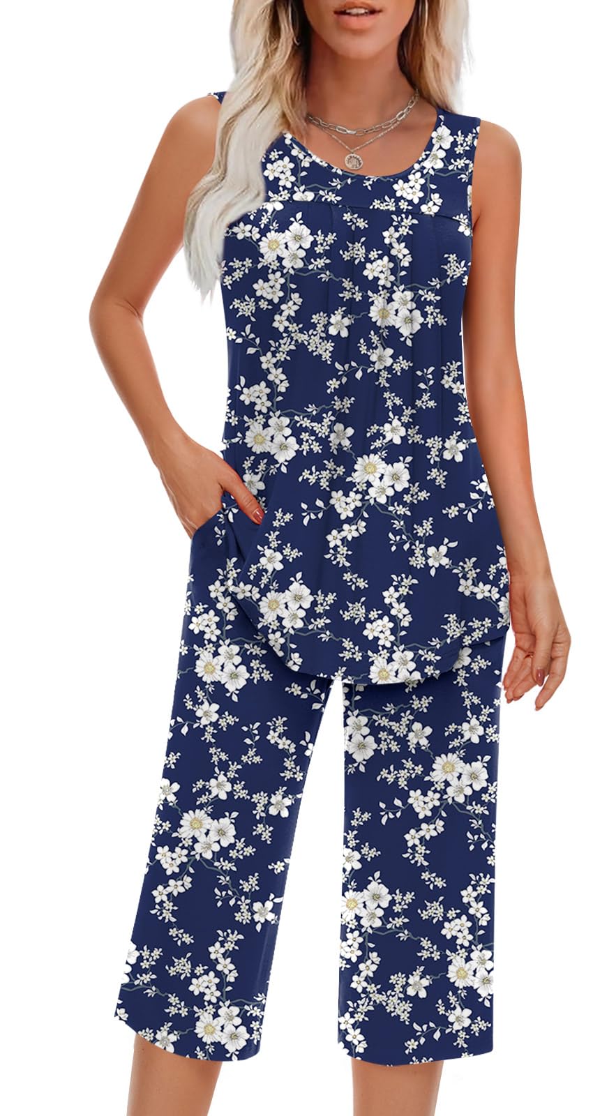 Findsweet Women Pajamas Sets Loungewear Soft Sleepwear Two Piece Summer Sleeveless Pjs Tank Top Pants with Pocket S-4XL