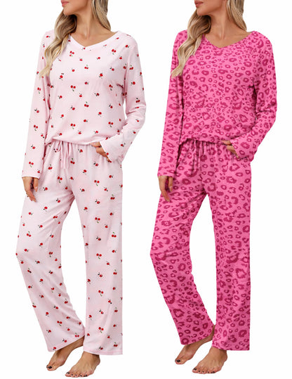 Ekouaer Women's 2 Pack Long Sleeve Pajama Sets V Neck Lounge Sets