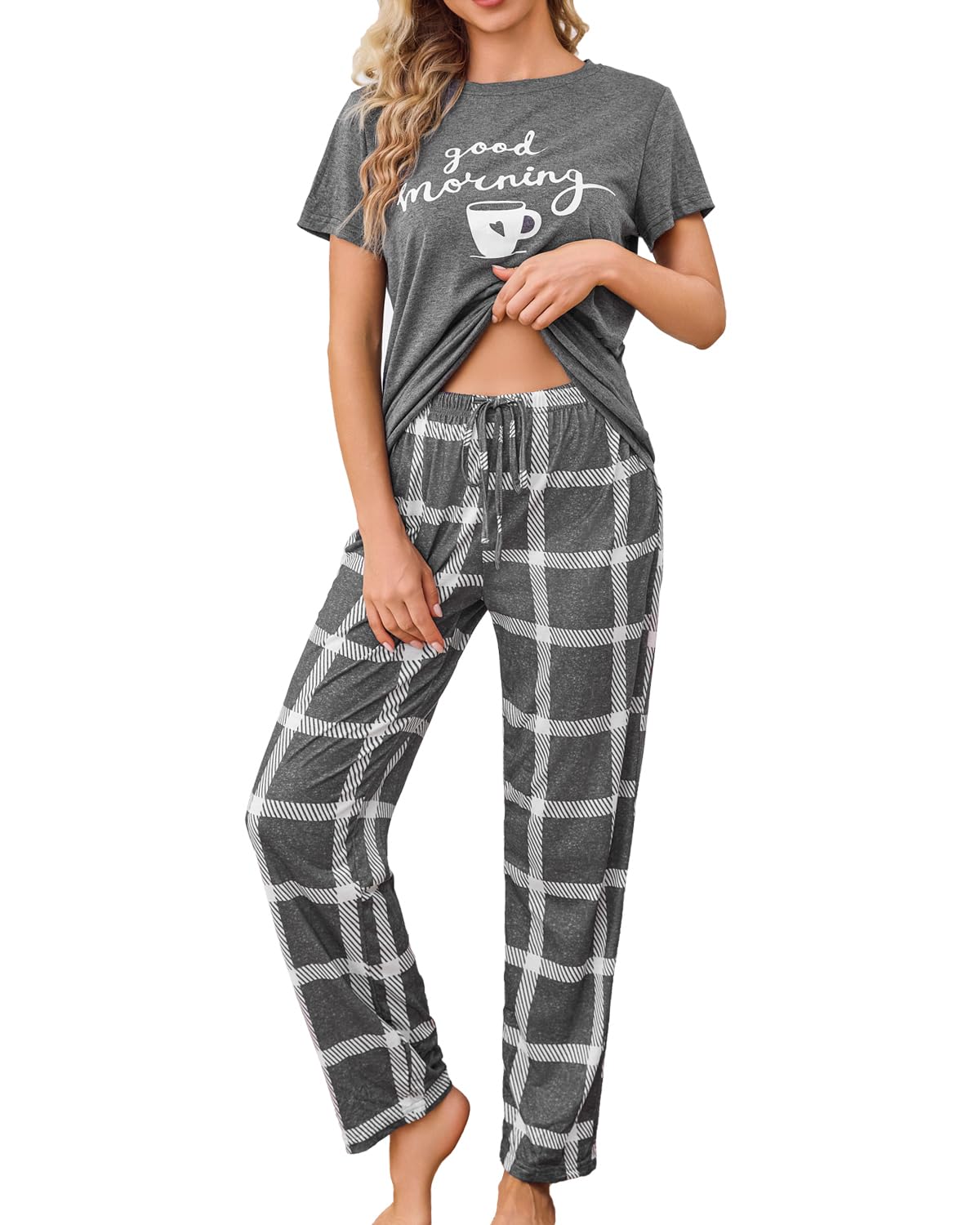 difficort Womens Pajama Sets Short Sleeve Long Pants Sleepwear with Pockets