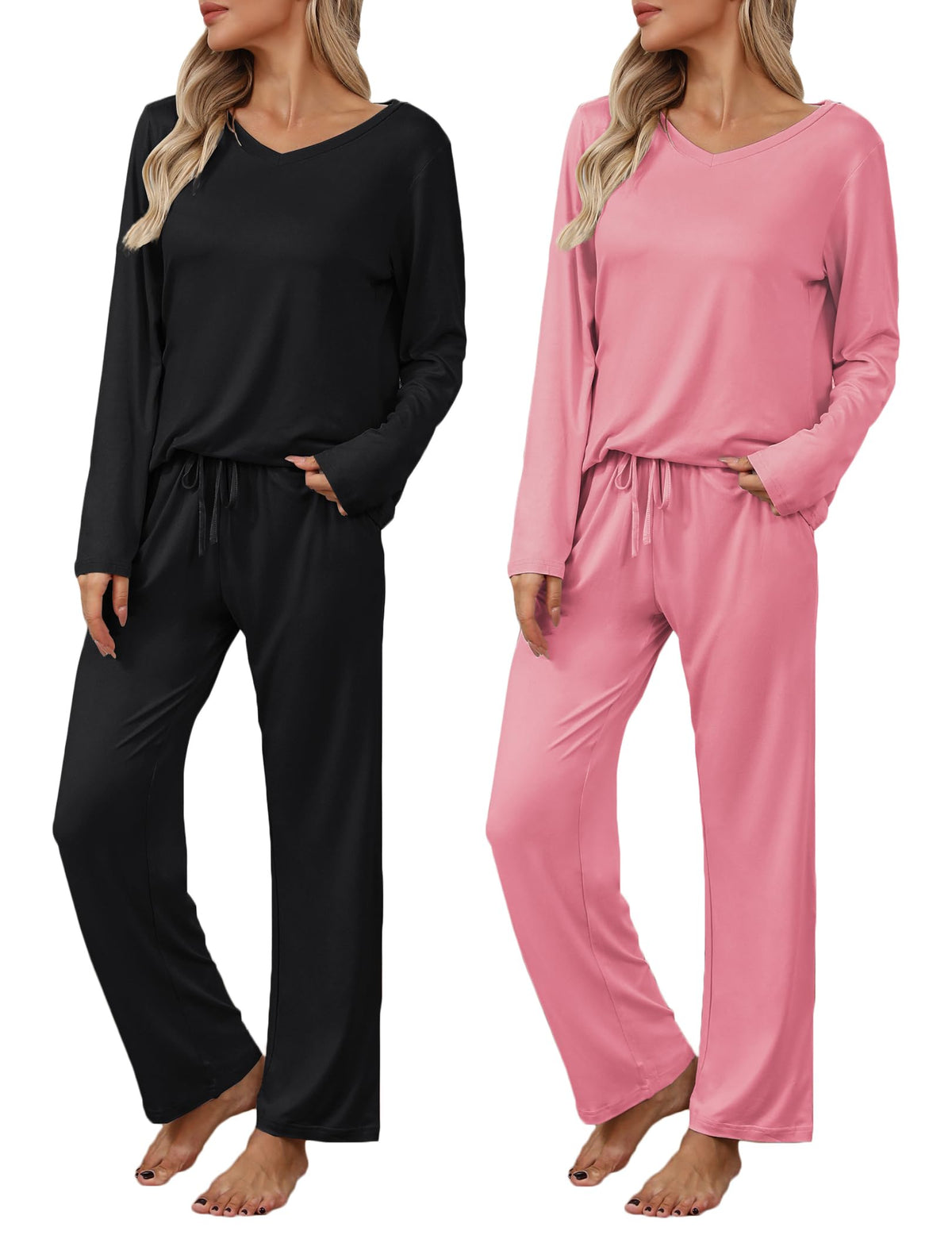 Ekouaer Women's 2 Pack Long Sleeve Pajama Sets V Neck Lounge Sets