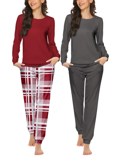 Ekouaer 2 Pack Pajama Sets for Women,Long Sleeve Top Jogger Pant Loungewear