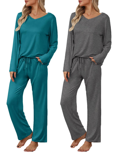 Ekouaer Women's 2 Pack Long Sleeve Pajama Sets V Neck Lounge Sets