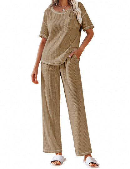 Ekouaer 2 Piece Summer Waffle Knit Lounge Sets For Women Short Sleeve Top and Long Pant Pajama Set Loungewear Pjs Set