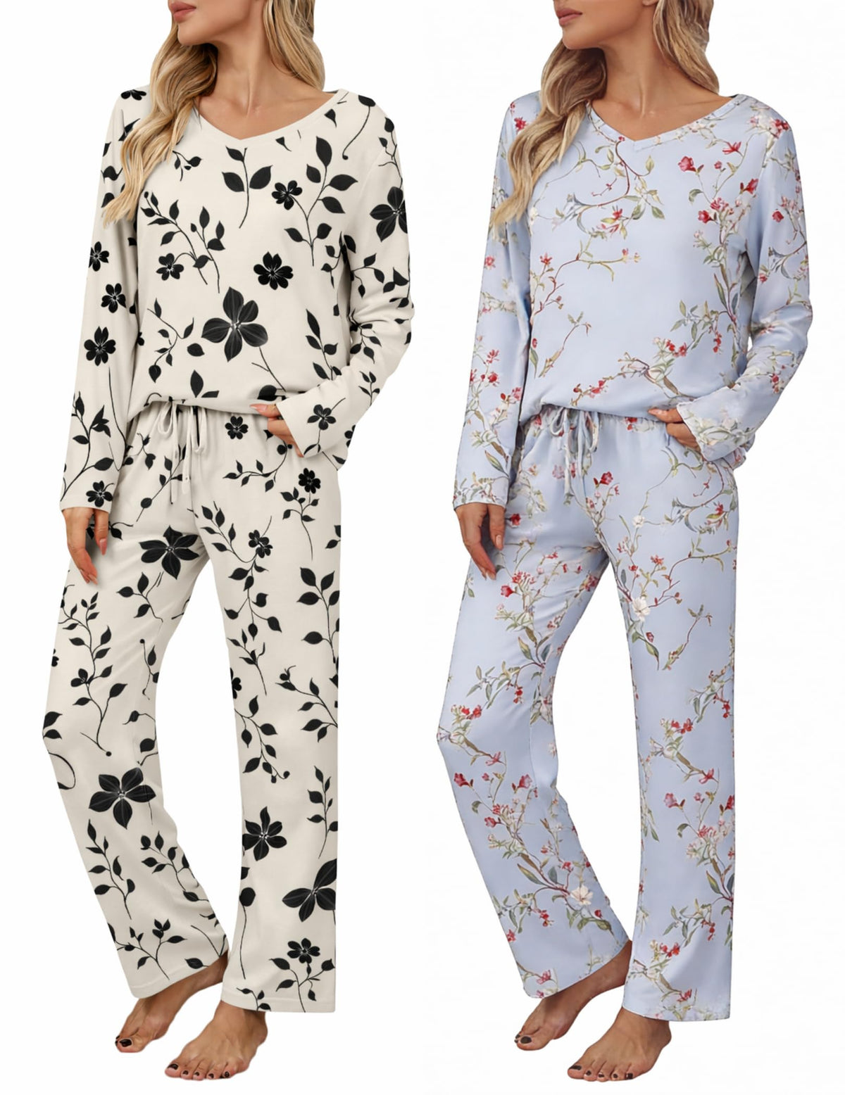 Ekouaer Women's 2 Pack Long Sleeve Pajama Sets V Neck Lounge Sets