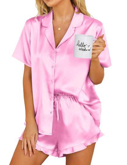 Ekouaer Womens Satin Pajamas Set Button Down Silk Pj Shorts Set with Ruffle