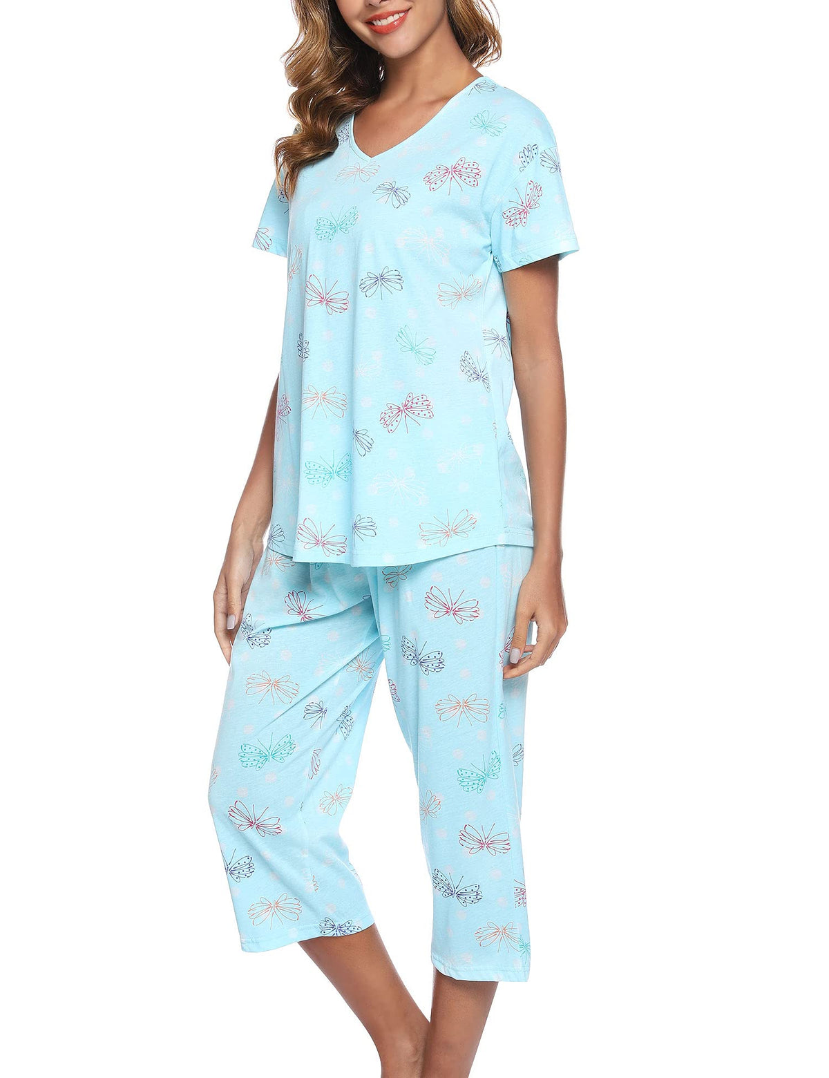 ENJOYNIGHT Womens Pajama Set Cotton Short Sleeve Top With Capri Pants Pj