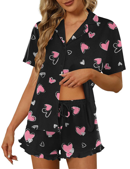 Ekouaer Pajamas Set for Women Short Sleeve Sleepwear Button Down Ruffle Pjs