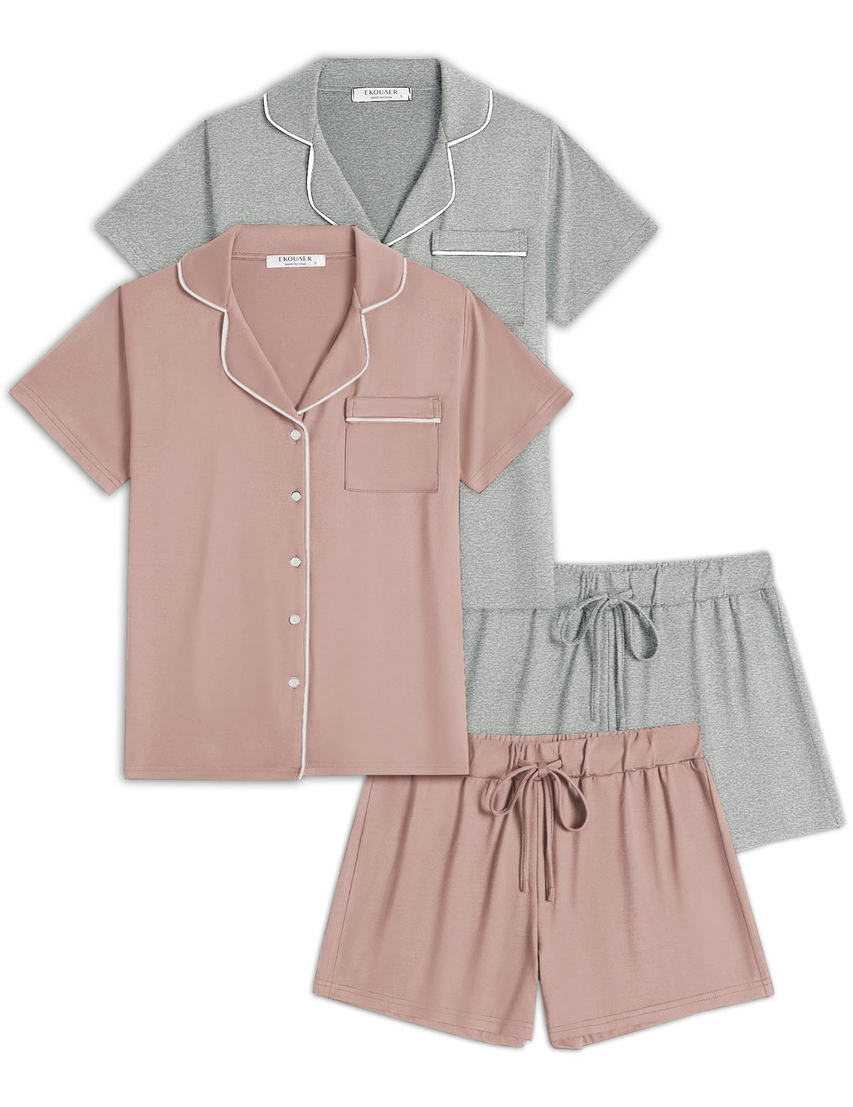 Ekouaer Womens Pajamas Set 2 Pack Button Down Summer Short Sleeve Pjs S-XXL
