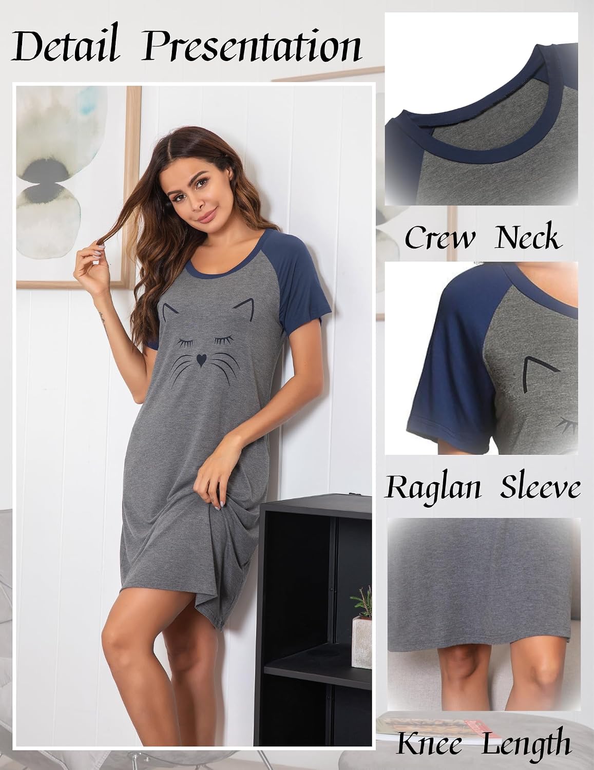 Ekouaer Nightgowns for Women Short Sleeve Night Dress Printed Sleepwear