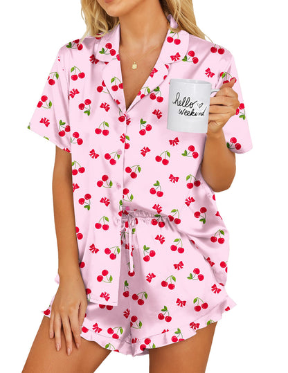 Ekouaer Womens Satin Pajamas Set Button Down Silk Pj Shorts Set with Ruffle