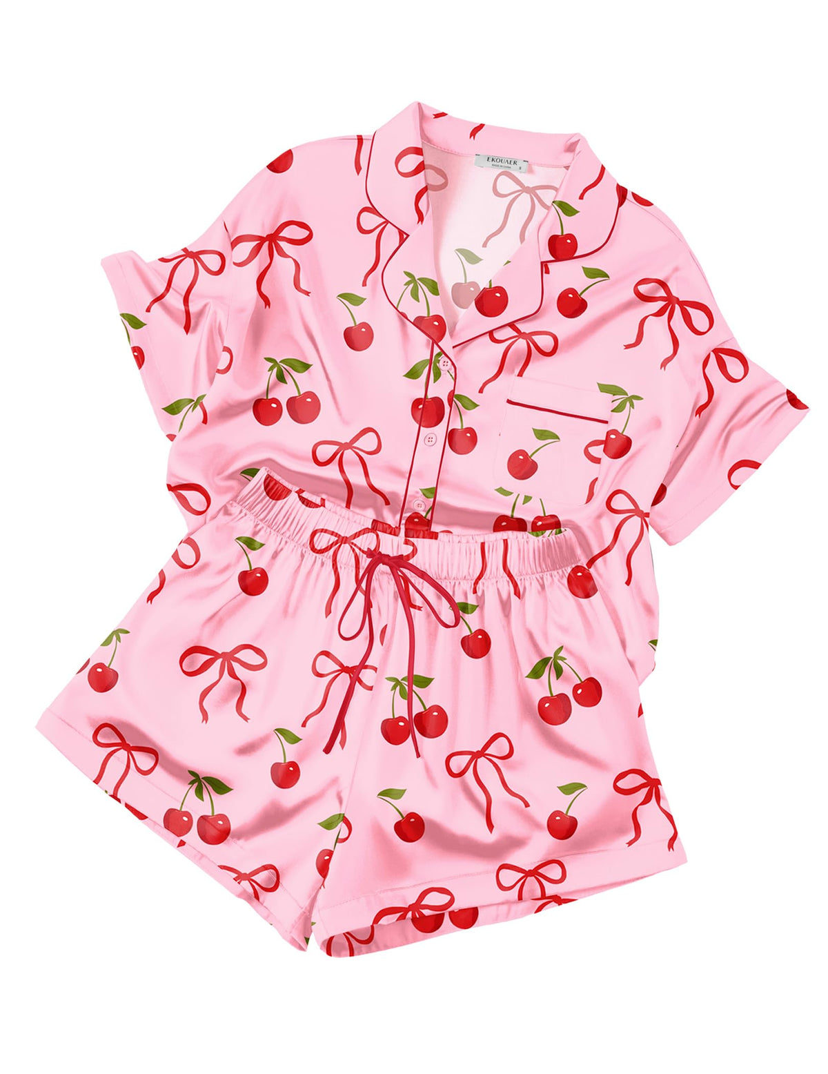 Ekouaer Womens Silk Satin Pajama Set, 2 Piece Heart Embroidery Short Sleeve Button Down Pjs Set for Bridal Party