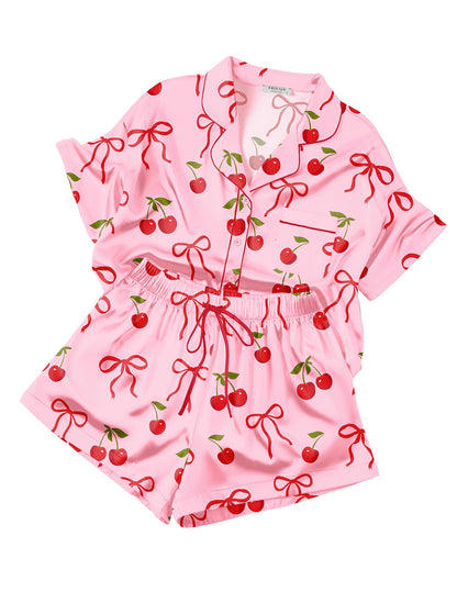 Ekouaer Womens Silk Satin Pajama Set, 2 Piece Heart Embroidery Short Sleeve Button Down Pjs Set for Bridal Party
